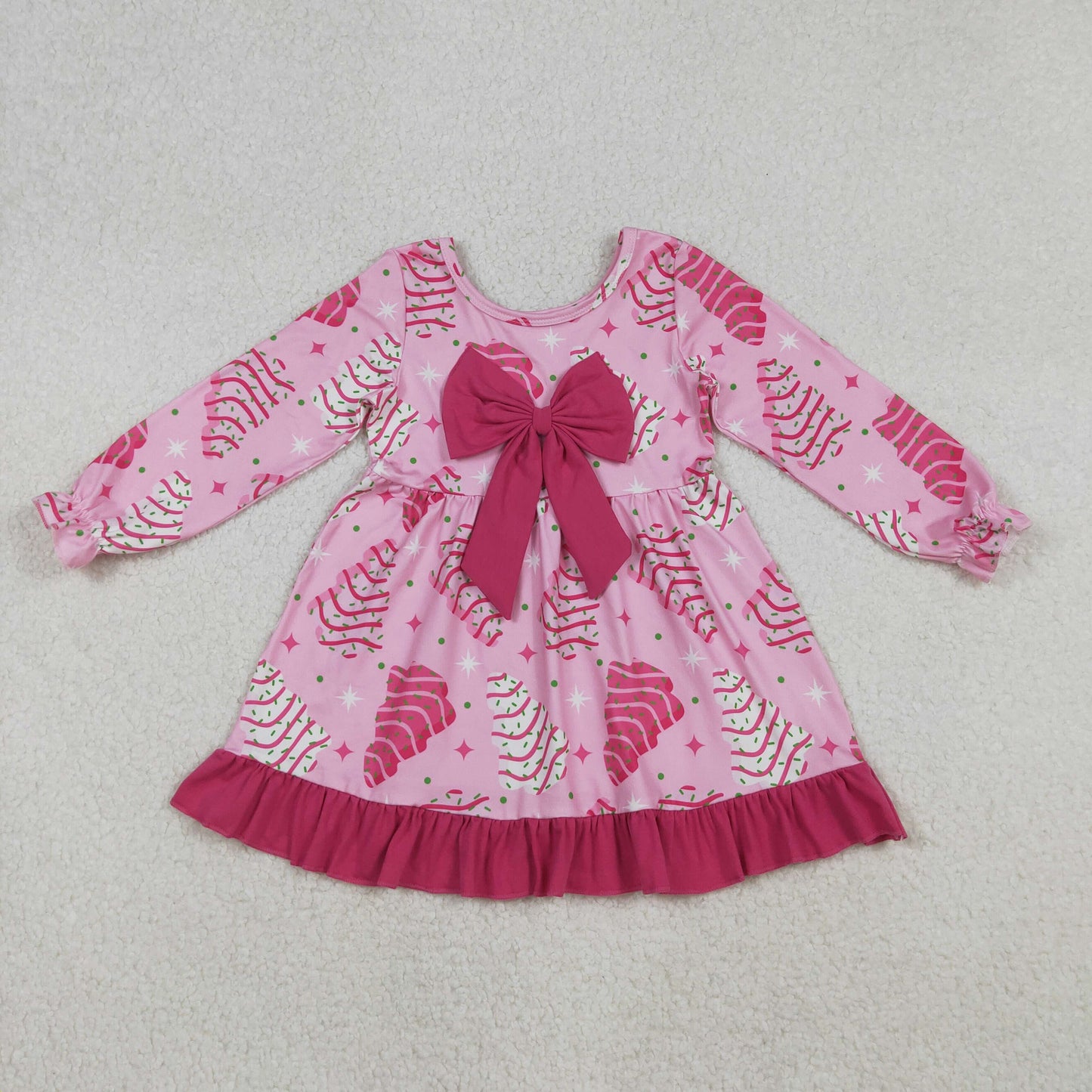 10.14 RTS NO MOQ （In stock）GLD1276 Baby Girls Winter Dress Baby Girls Pink Stripe Trees Stars Bow Christmas Ruffle Knee Length Dresses