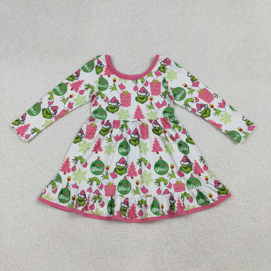 RTS NO MOQ （In stock）GLD1277 Baby Girls Winter Dress Green Face Gifts Christmas Ruffle Knee Length Dresses