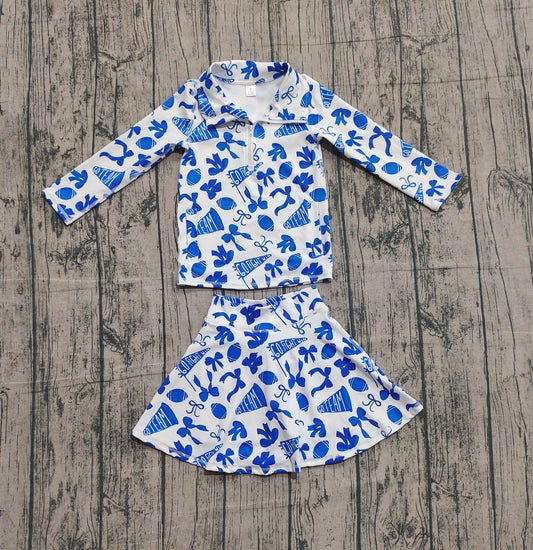 10.2 GLD1283 Sample No Moq Yoga fabric Baby Girls Blue Bows Go Team Zipper Pullovers Skirts Shorts Yoga Clothes Set
