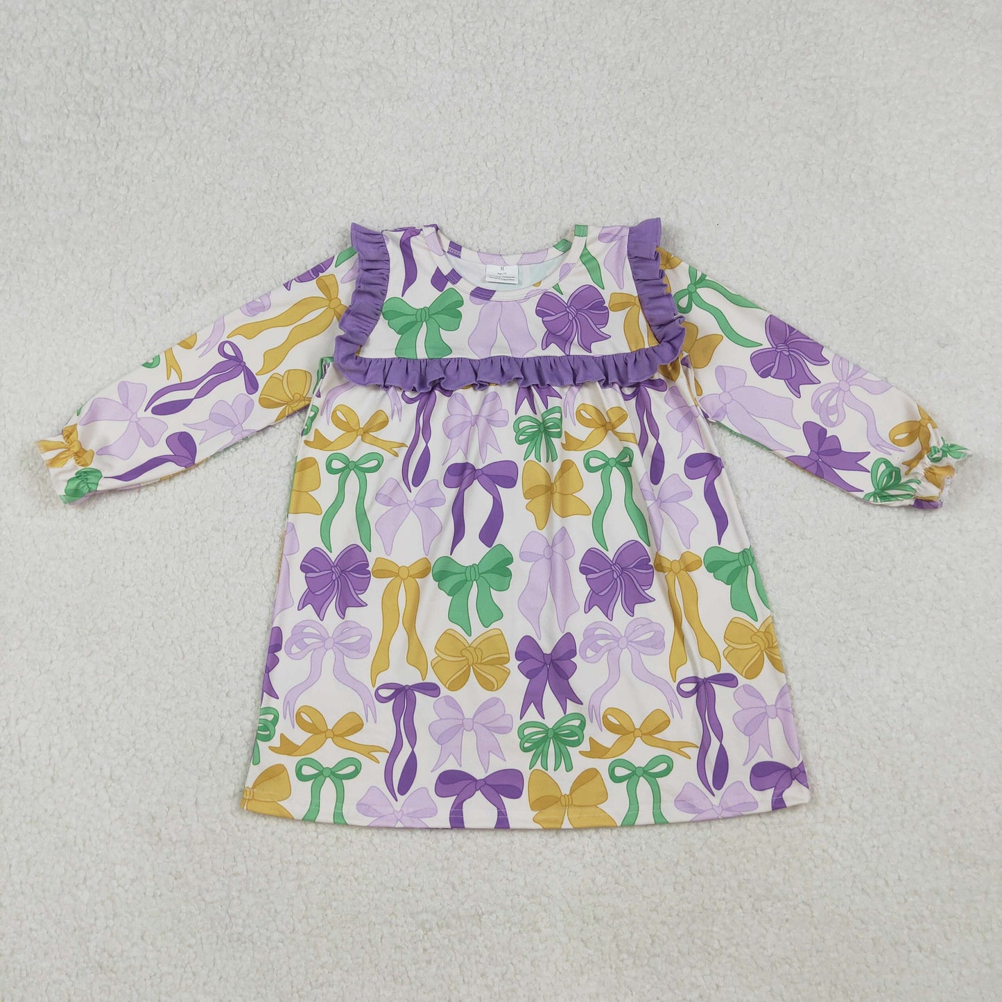 9.30 RTS NO MOQ （In stock）GLD1295 Baby Girls Winter Dress Baby Girls Mardigras Bows Ruffle Sleeve Knee Length Dresses