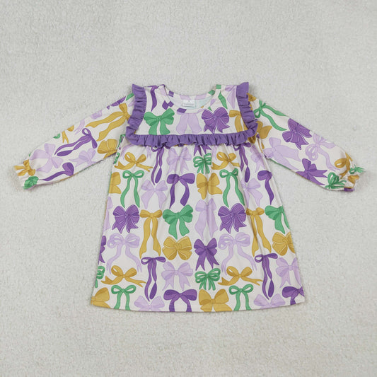 9.30 RTS NO MOQ （In stock）GLD1295 Baby Girls Winter Dress Baby Girls Mardigras Bows Ruffle Sleeve Knee Length Dresses