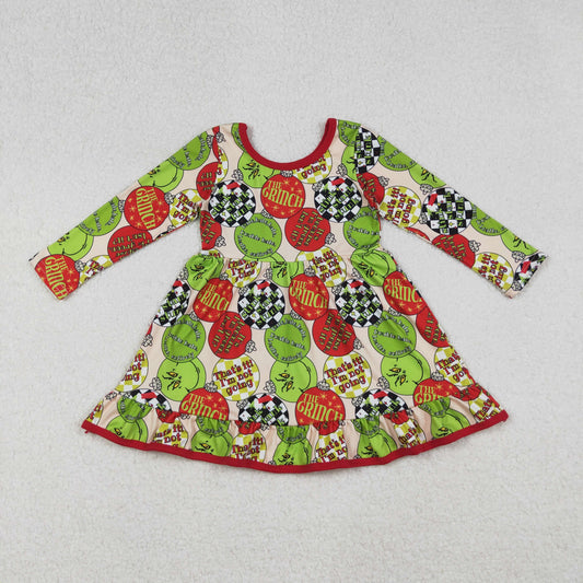 9.29 RTS NO MOQ （In stock）GLD1296 Baby Girls Winter Dress Baby Girls Red Green Face Lights Christmas Ruffle Knee Length Dress