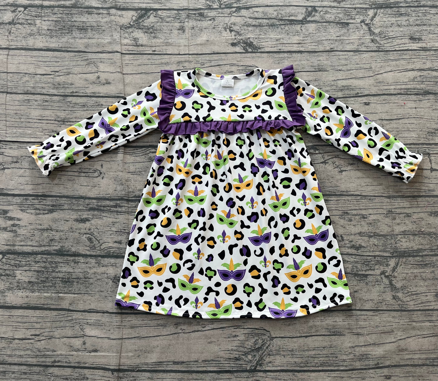 12.15 GLD1319 Sample No Moq Baby Girls Purple Green Yellow Leopard Masks Mardigras Knee Length Dress
