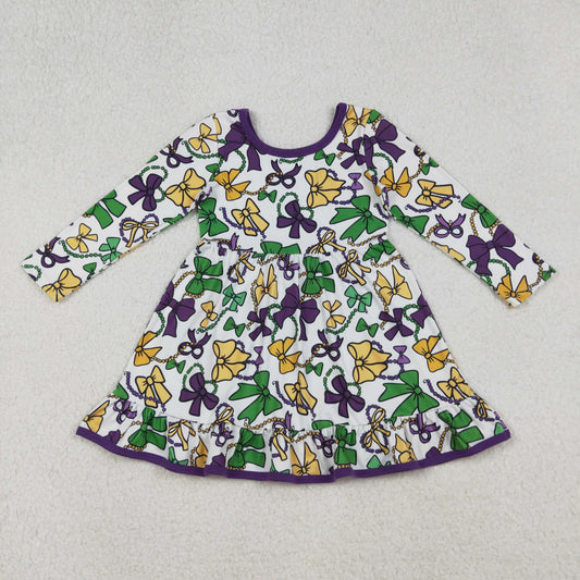 10.10 RTS NO MOQ （In stock）GLD1320 Baby Girls Winter Dress Baby Girls Mardigras Bows Masks Ruffle Knee Length Dresses