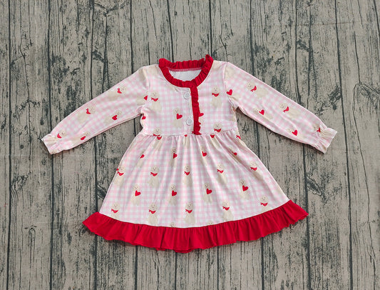 10.3 GLD1322 XS-3XL Sample No Moq Baby Girls Pink Checked Dogs Hearts Button Ruffle Valentine Knee Length Dress