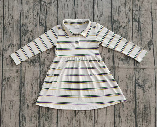 10.10 GLD1331 Sample No Moq Baby Girls Pink Yellow Green Stripes Button Mardigras Knee Length Dresses
