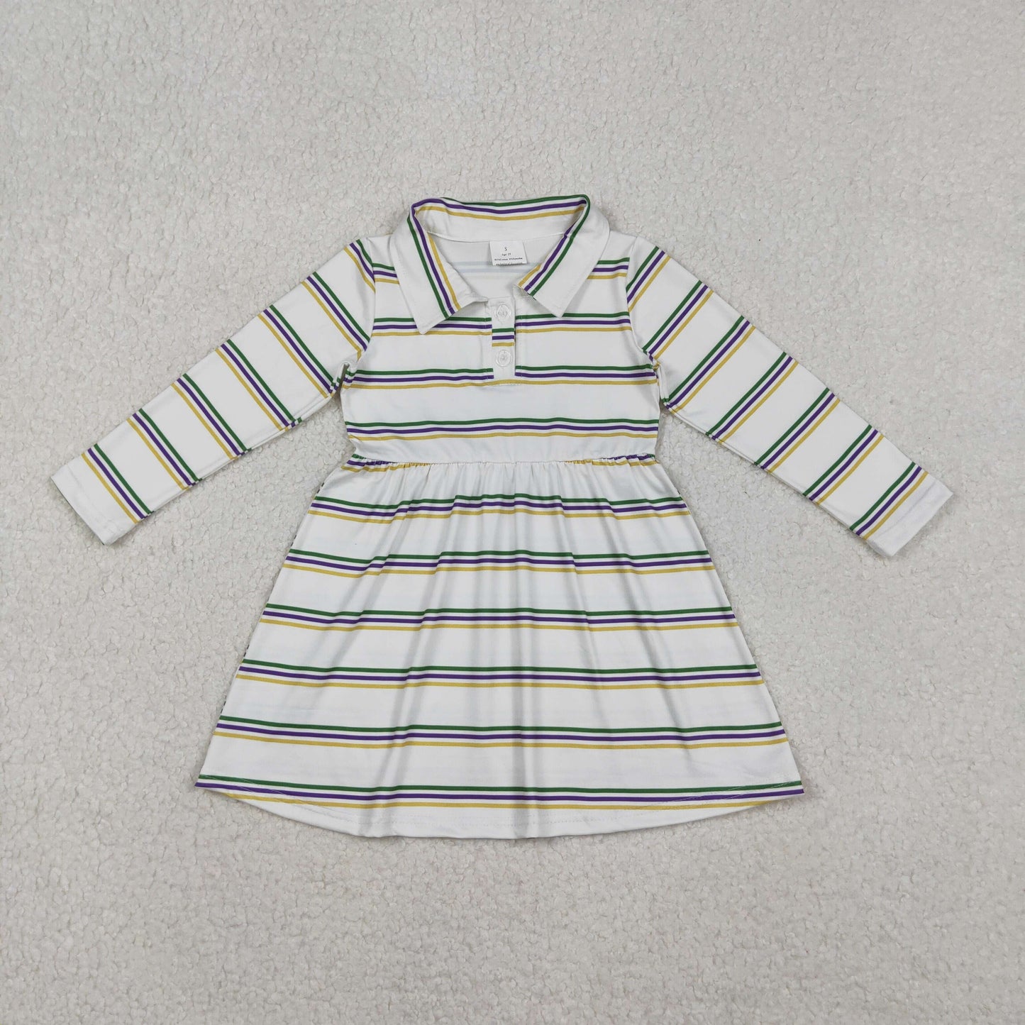 10.30 RTS NO MOQ （In stock）GLD1331 Baby Girls Winter Dress Baby Girls Mardigras Stripes Button Knee Length Dresses