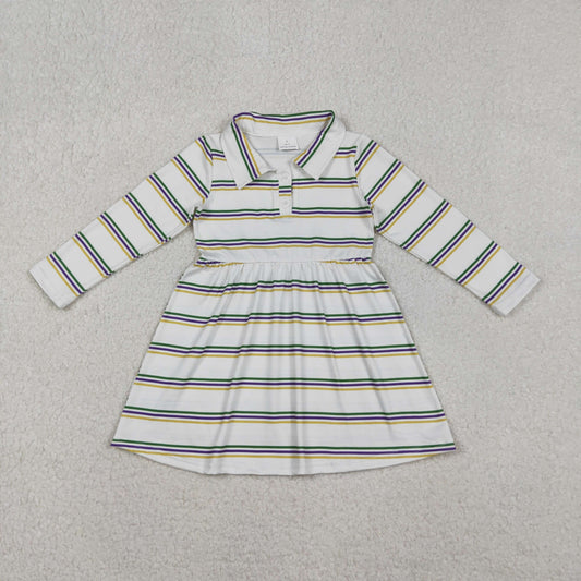 10.30 RTS NO MOQ （In stock）GLD1331 Baby Girls Winter Dress Baby Girls Mardigras Stripes Button Knee Length Dresses