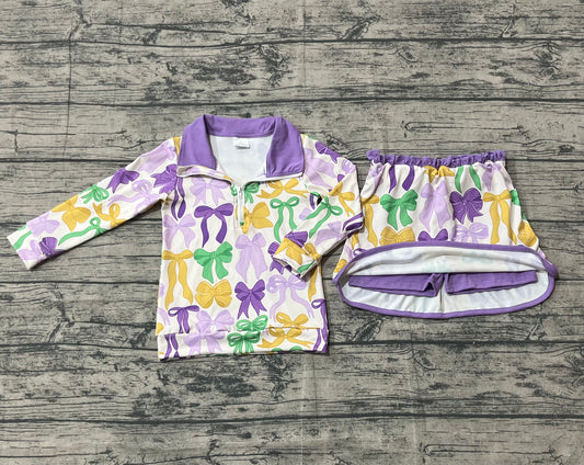 10.4 GLD1333 Sample No Moq Baby Girls Bows Checked Zipper Pullover Ruffle Skorts Mardigras Clothes Sets