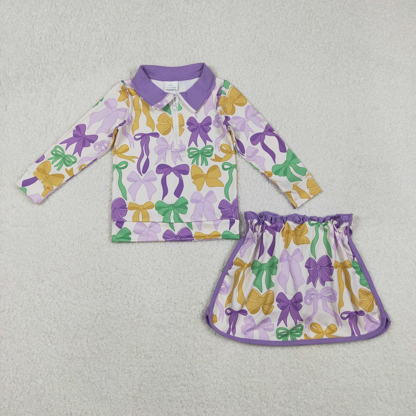 11.12 RTS NO MOQ （In stock）GLD1333 Baby Girls Mardigras Bows Zipper Pullover Skirt Shorts Clothes Sets