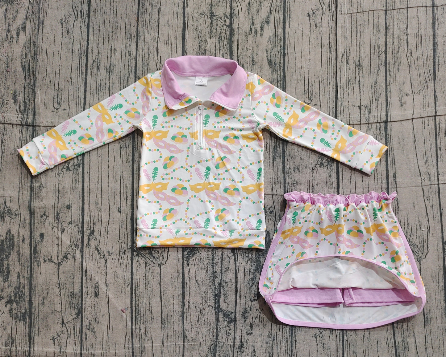 11.5 GLD1334 Sample No Moq Baby Girls Donuts Masks Zipper Pullover Ruffle Skorts Mardigras Clothes Sets