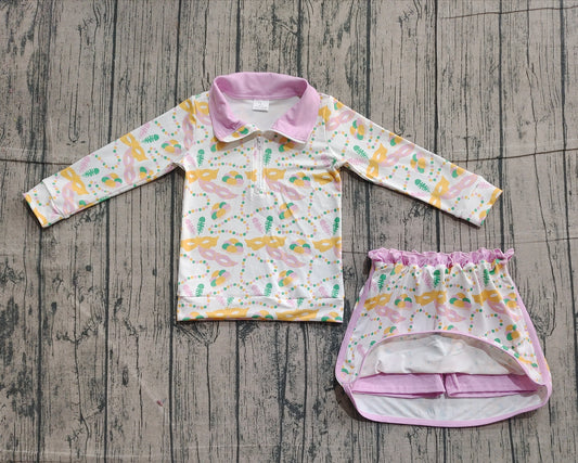 11.5 GLD1334 Sample No Moq Baby Girls Donuts Masks Zipper Pullover Ruffle Skorts Mardigras Clothes Sets