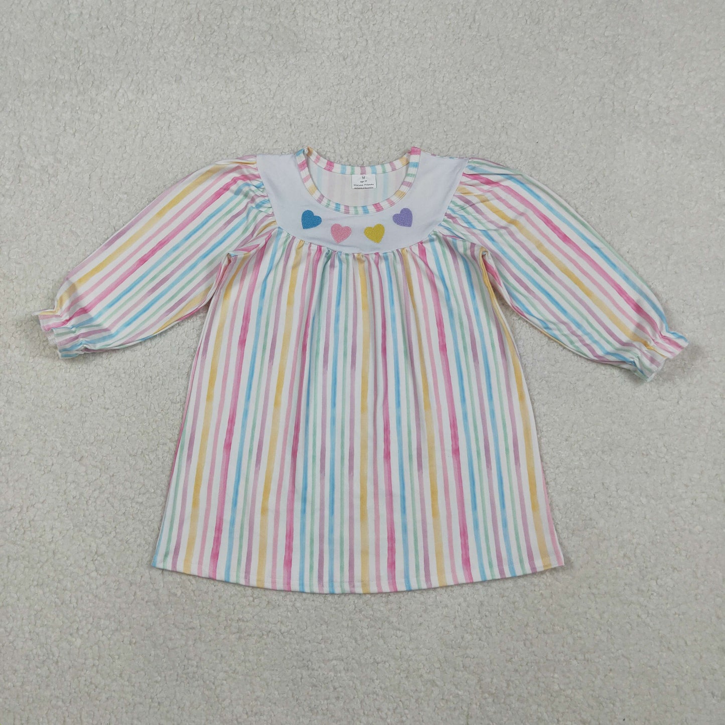 11.4 RTS NO MOQ （In stock）GLD1335 Baby Girls Winter Dress Embroidery Hearts Baby Girls Colorful Stripes Valentine Knee Length Dresses