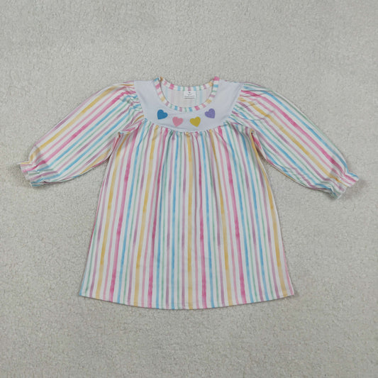 11.4 RTS NO MOQ （In stock）GLD1335 Baby Girls Winter Dress Embroidery Hearts Baby Girls Colorful Stripes Valentine Knee Length Dresses