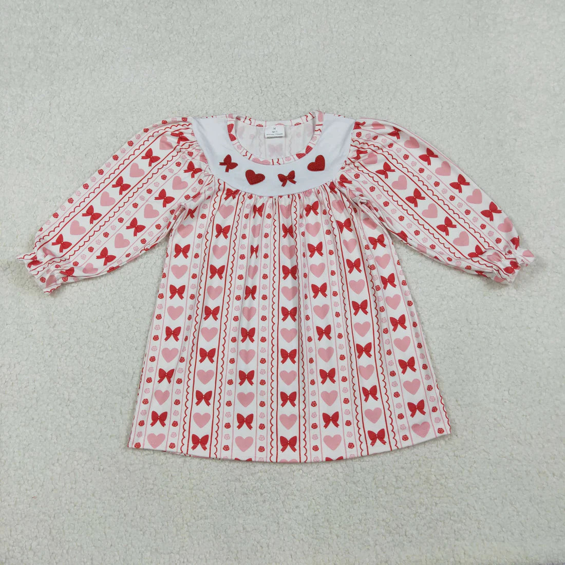 11.20 RST Sibling Baby Girls Embroidery Hearts Bows Stripe Valentines Ruffle Sleeve Knee Length Dresses