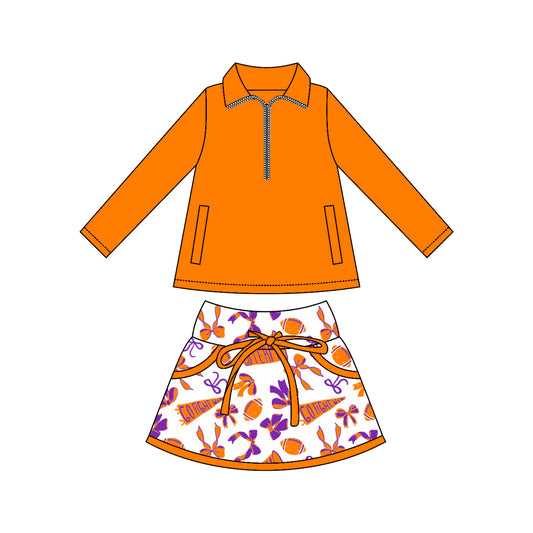 9.22 GLD1338 Baby Girls Orange Zipper Pullovers Pockets Team Skorts Yoga Clothes Set Preorder