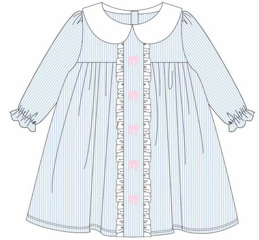9.24 GLD1344 Pre order No Moq Baby Girls Blue Stripe Bows Valentine Ruffle Knee Length Dresses