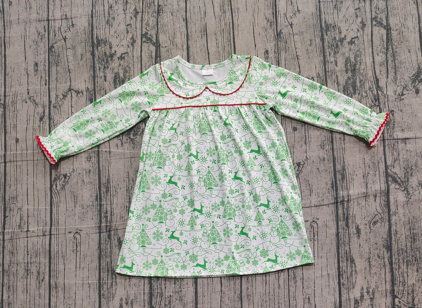 10.20 GLD1345 Sample No Moq Baby Girls Green Deer Snowmen Christmas Knee Length Dresses