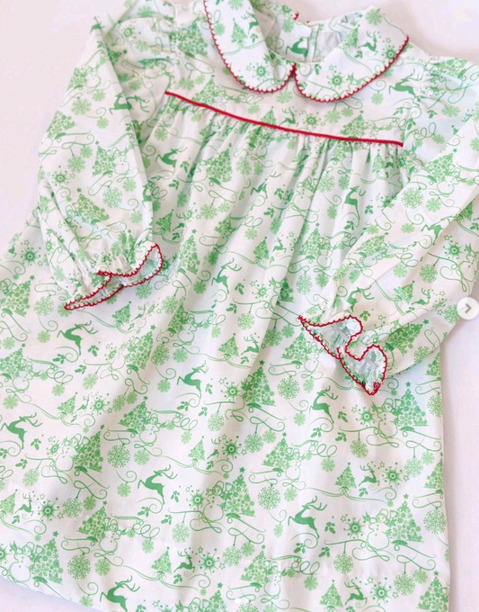 9.24 GLD1345 Pre order No Moq Baby Girls Green Deer Snowmen Christmas Knee Length Dresses