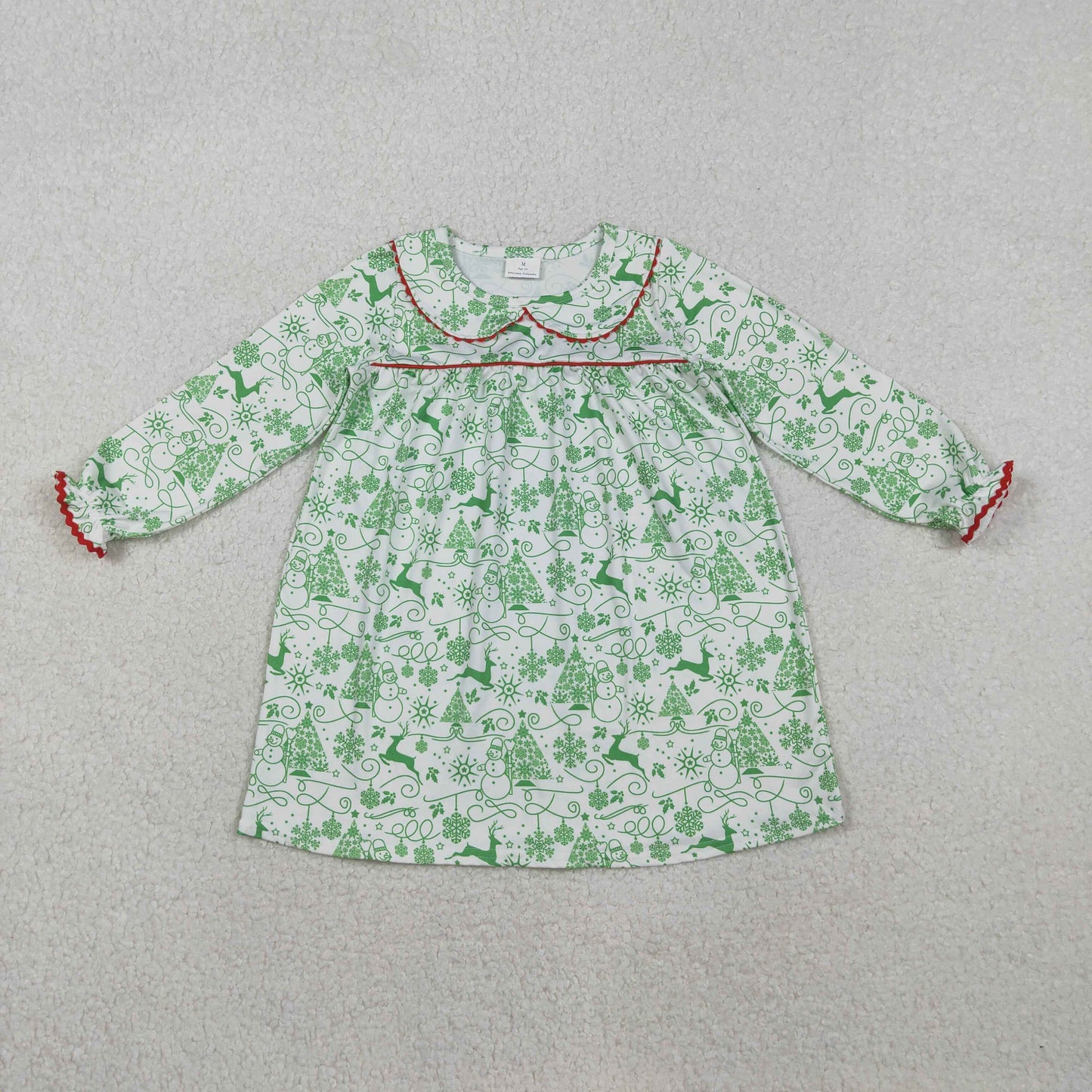 11.6 RTS NO MOQ （In stock）GLD1345 Baby Girls Winter Dress Baby Girls Green Deer Snowmen Christmas Knee Length Dresses