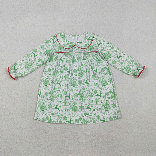 11.6 RTS NO MOQ （In stock）GLD1345 Baby Girls Winter Dress Baby Girls Green Deer Snowmen Christmas Knee Length Dresses