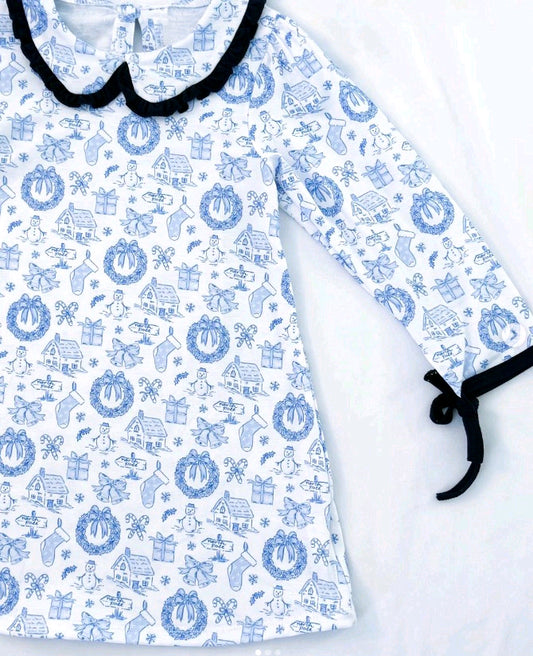 9.24 GLD1346 Pre order No Moq Baby Girls Blue Snowmen Holly Christmas Knee Length Dresses