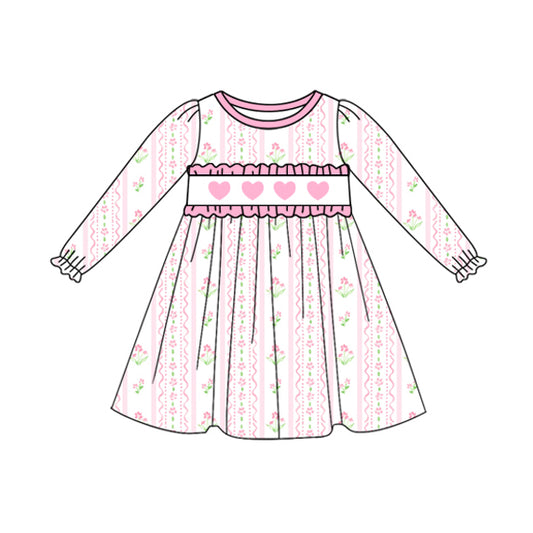 9.24 GLD1347 Pre order No Moq Baby Girls Hearts Flowers Stripe Valentine Knee Length Dresses