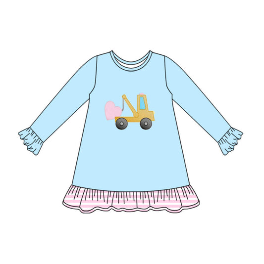 9.24 GLD1348 Pre order No Moq Baby Girls Hearts Excavators Valentine Ruffle Knee Length Dresses