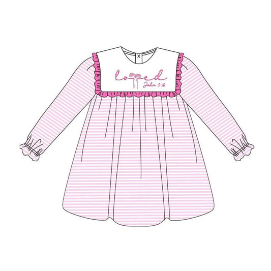 9.25 GLD1350 Pre order No Moq Baby Girls Pink Stripe Love John 3:16 Valentine Knee Length Dresses