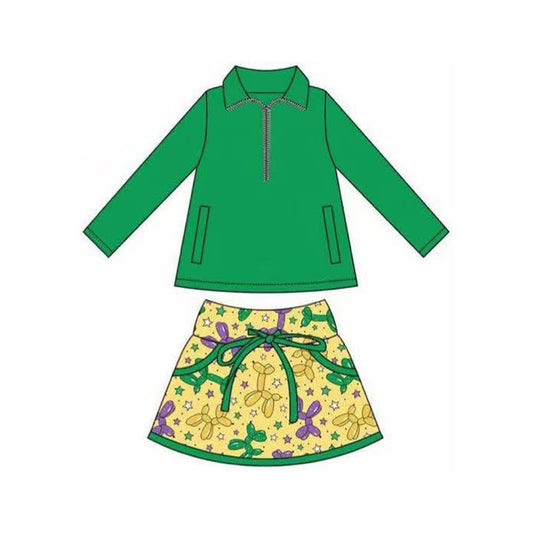 9.26 GLD1354 Pre order No Moq Baby Girls Pockets Zipper Pullovers Skirt Shorts Mardigras Clothes Set