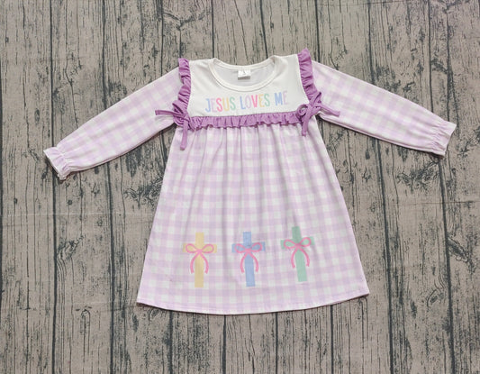 10.1 GLD1356 XS-3XL Sample No Moq Baby Girls Lavender Checked Jesus Love Me Cross Knee Length Dresses