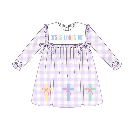 9.27 GLD1356 Pre order No Moq Baby Girls Lavender Checked Jesus Love Me Cross Knee Length Dresses