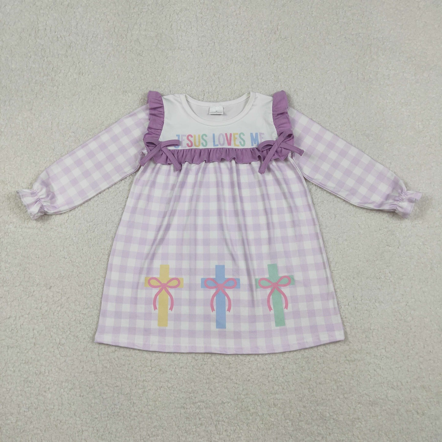 10.27 RTS NO MOQ （In stock）GLD1356 Baby Girls Winter Dress Baby Girls Lavender Checked Jesus Love Me Cross Knee Length Dresses