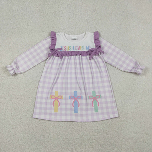 10.27 RTS NO MOQ （In stock）GLD1356 Baby Girls Winter Dress Baby Girls Lavender Checked Jesus Love Me Cross Knee Length Dresses