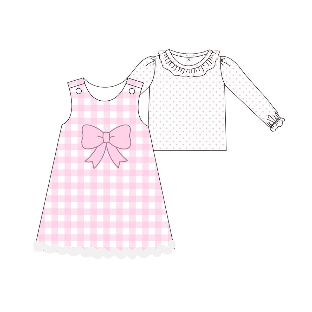 9.29 GLD1357 Pre order No Moq Baby Girls Pink Polka Dots Top Checked Knee Length Dress 2 Piece Clothes Sets