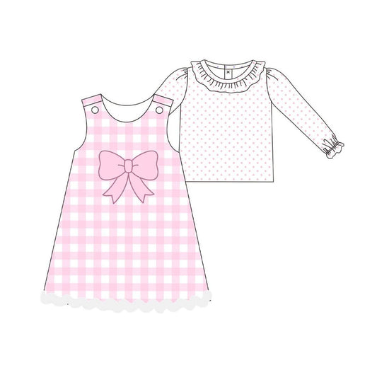 9.29 GLD1357 Pre order No Moq Baby Girls Pink Polka Dots Top Checked Knee Length Dress 2 Piece Clothes Sets