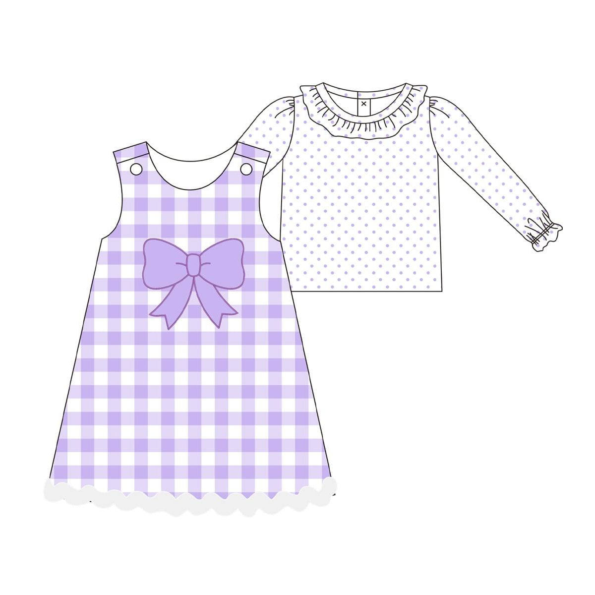 9.29 GLD1358 Pre order No Moq Baby Girls Purple Polka Dots Top Checked Knee Length Dress 2 Piece Clothes Sets