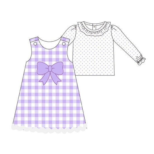 9.29 GLD1358 Pre order No Moq Baby Girls Purple Polka Dots Top Checked Knee Length Dress 2 Piece Clothes Sets
