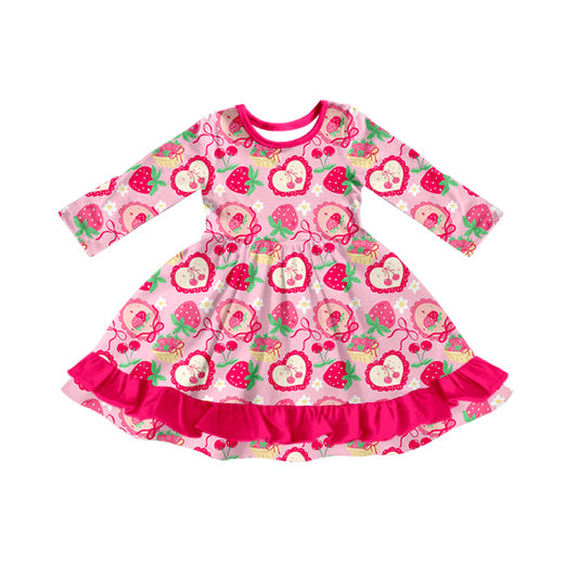 9.30 GLD1359 Pre order No Moq Baby Girls Pink Bows Strawberry Flowers Ruffle Knee Length Dresses