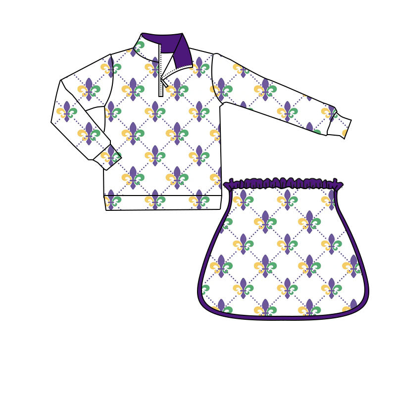 10.1 GLD1360 Pre order No Moq Yoga fabric Baby Girls Mardigras Anchors Checked Zipper Pullovers Skirt Shorts Yoga Clothes Set