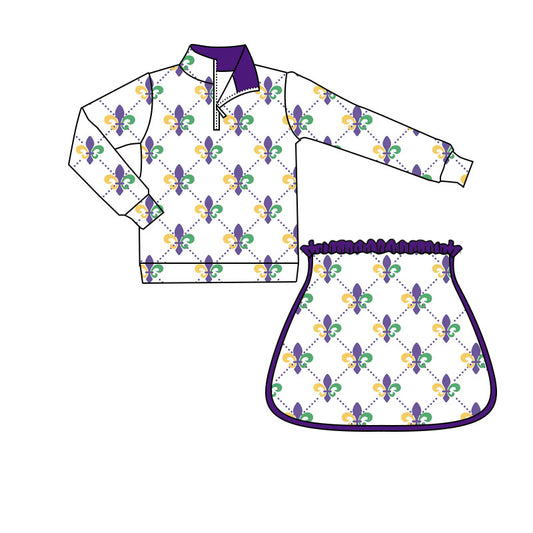 10.1 GLD1360 Pre order No Moq Yoga fabric Baby Girls Mardigras Anchors Checked Zipper Pullovers Skirt Shorts Yoga Clothes Set