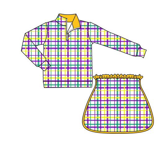 10.1 GLD1361 Pre order No Moq Yoga fabric Baby Girls Mardigras Checked Zipper Pullovers Skirt Shorts Yoga Clothes Set