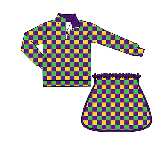 10.1 GLD1362 Pre order No Moq Yoga fabric Baby Girls Mardigras Checked Zipper Pullovers Skirt Shorts Yoga Clothes Set