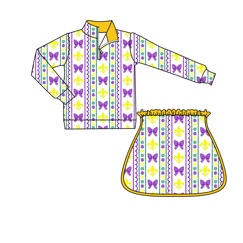 10.1 GLD1363 Pre order No Moq Yoga fabric Baby Girls Mardigras Anchors Bows Stripe Zipper Pullovers Skirt Shorts Yoga Clothes Set