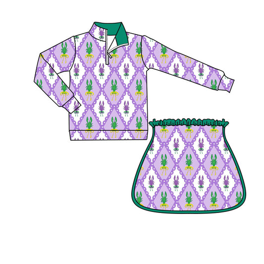 10.1 GLD1364 Pre order No Moq Yoga fabric Baby Girls Mardigras Crayfishes Checked Zipper Pullovers Skirt Shorts Yoga Clothes Set