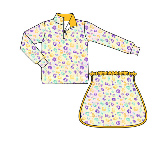 10.1 GLD1365 Pre order No Moq Yoga fabric Baby Girls Mardigras Leopard Zipper Pullovers Skirt Shorts Yoga Clothes Set