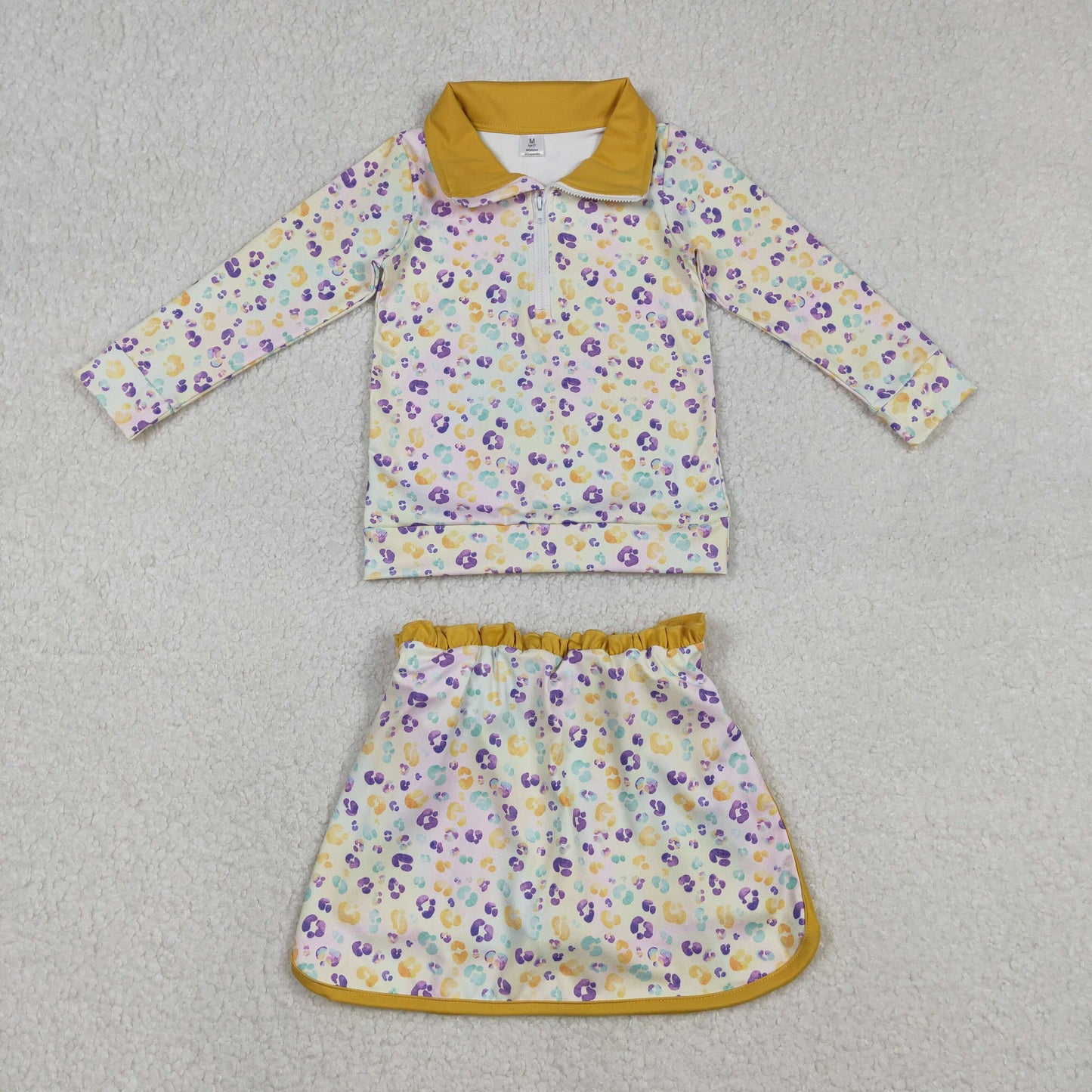 12.8 RTS NO MOQ （In stock）GLD1365 Baby Girls Mardigras Leopard Zipper Pullovers Skirt Shorts Yoga Active Clothes Set