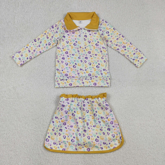 12.8 RTS NO MOQ （In stock）GLD1365 Baby Girls Mardigras Leopard Zipper Pullovers Skirt Shorts Yoga Active Clothes Set