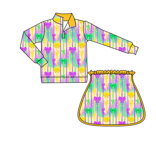 10.1 GLD1366 Pre order No Moq Yoga fabric Baby Girls Mardigras Bows Stripe Zipper Pullovers Skirt Shorts Yoga Clothes Set
