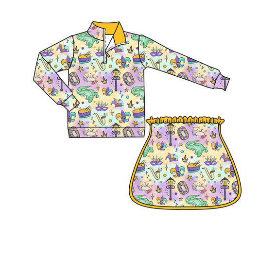 10.1 GLD1367 Pre order No Moq Yoga fabric Baby Girls Mardigras Anchors Crocodiles Zipper Pullovers Skirt Shorts Yoga Clothes Set